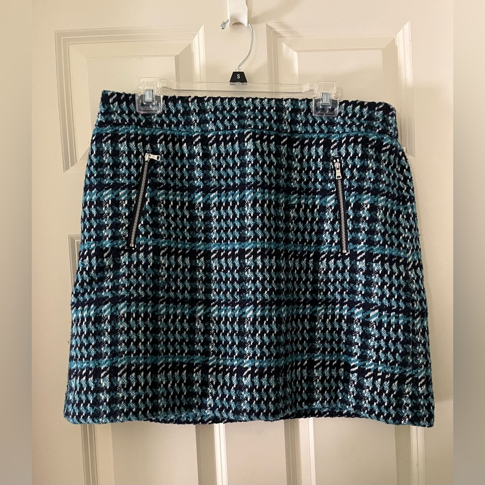 NWT Loft blue teal tweed  mini skirt with zipper pockets wool blend lined 14
